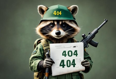 raccoon in a military suit with a weapon
(masterpiece), faceless, dark green camouflage uniform, insignia, black helmet, shows document with "404 error" written on it, HDR, bright colors