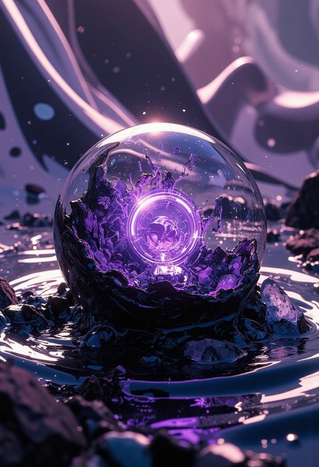 close-up of a glass orb partially submerged in rippling ink-black liquid, inside the orb swirling translucent filaments of violet and white light, suspended tiny crystalline shards slowly rotating, surface of the orb etched with microscopic fractal glyphs, soft reflections of neon circuitry patterns around the edges, scattered droplets frozen mid-air, the background morphing into abstract flowing silk folds of muted purple and carbon grey, gentle mist rising with faint luminescent sparkles, hyper-detailed material rendering, extreme focus on textural contrast between smooth glass, liquid turbulence, and hard-edged crystals, cinematic glow, subtle lens flare on highlights, slow surreal motion.