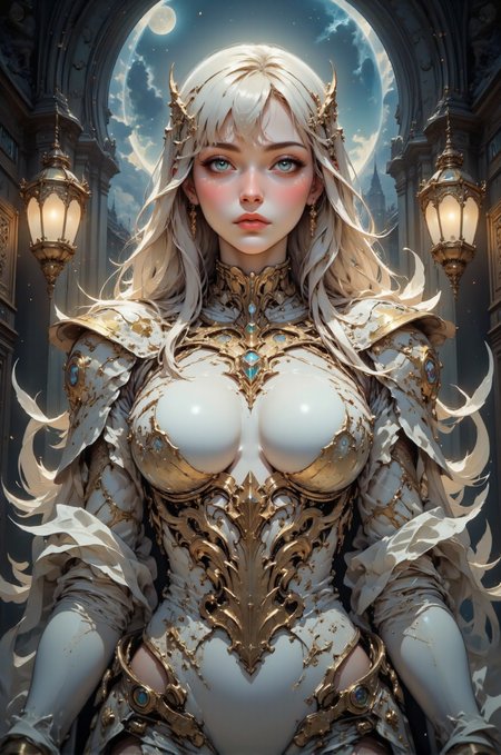 This is a highly detailed digital artwork in a fantasy style, featuring a regal, ethereal woman. She has fair skin and long, flowing platinum blonde hair styled in loose waves and adorned with delicate golden ornaments. Her eyes are large and expressive, with a piercing blue hue, and she wears intricate gold and white makeup that accentuates her high cheekbones and full lips.
The woman is dressed in a luxurious, ornate outfit that resembles a medieval or fantasy armor. The armor is primarily white with gold accents and intricate patterns, and it is adorned with large, shimmering feathers that cascade down her shoulders and back, giving her a majestic and almost angelic appearance.
The background is a dimly lit, mystical setting with a dark, cloudy sky and a full moon glowing faintly behind her. The architecture around her appears to be of an ancient, grandiose building with tall, narrow windows and ornate, gothic-style lamps that emit a warm, golden light, casting a soft glow on her and the surroundings. The overall atmosphere is one of mystery and magic, with a sense of otherworldly beauty and power emanating from the woman.
 <lora:DarksunRIDDV3:0.5> <lora:flux_hyperkraximalism-balanced:0.5> <lora:Midjourney_-_SemiReal_Dreams_FLUX_LoRA:0.5> <lora:CPA:0.5> <lora:Anime_realistic_v2:0.5> Realistic anime style <lora:BLUE_mk4_angel_FLUX_01:0.5>