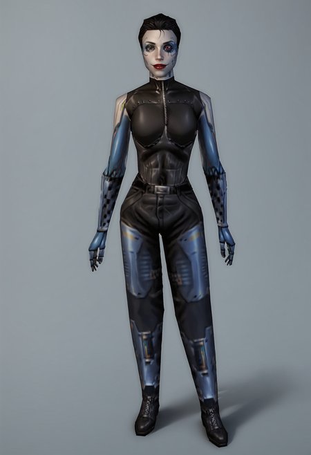 score_9, score_8_up, score_7_up, score_6_up, score_5_up, score_4_up, 1girl, <lora:AnnaNavarre:0.85> , solo, breasts, cyborg, short hair, black hair, robot joints, mechanical parts, mechanical arms, red lips, makeup, bodysuit, pants, latex, boots, robot eye, full body, standing, from behind, looking at viewer, smile,
(light blue background), simple background,