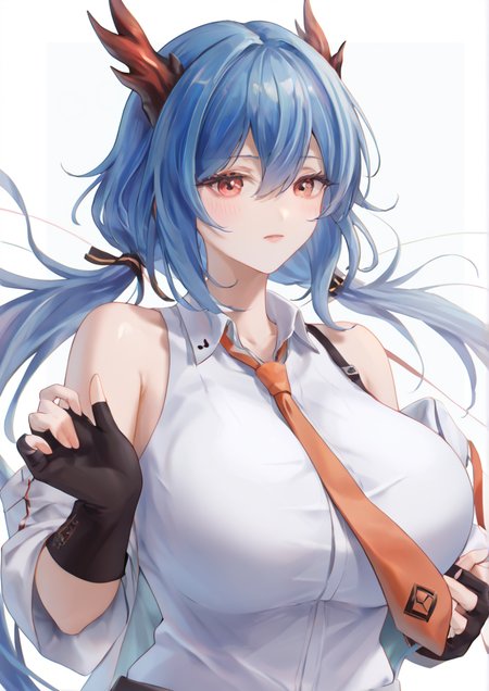 1girl, ch'en (arknights), huge breast, , bare shoulders, blue hair, blush, breasts, closed mouth, collared shirt, dragon horns, fingerless gloves, gloves, hair between eyes, horns, long hair, loose necktie, low twintails, necktie, off shoulder, orange necktie, red eyes, shirt, sleeveless, sleeveless shirt, solo, twintails, upper body, white shirt, handfixer,zPDXL3 <lora:Breast Slider - Pony_alpha1.0_rank4_noxattn_last:3> <lora:HandFixer_pdxl_Incrs_v1:1> <lora:è±ç¶µkns_hanazuna:1>