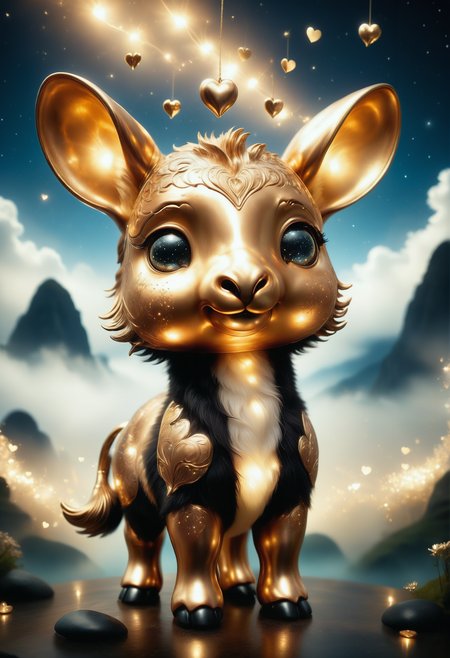 a cute zhibi domestic animal <lora:zhibi:0.8> made out of Jed-ANC <lora:ArtNouveauCopperStyle:0.9>, cuteness overload, surrounded by stardust and floating hearts <lora:heartmiststyle:0.5> in a starLS fantasy landscape <lora:stardustlandscapes-000006:0.7>, a landscape of a contemporary, amusing, double exposure, 800mm lens, concept art, stunning, cool colors, professional creative, advanced cinematic perfect light, glowing
