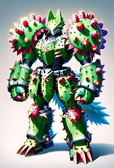 score_9, score_8_up, score_7_up, cs-l3ath3r, NCRender, 
Hidegarurumon is a fierce, wolf-like Digimon covered in rugged, dark brown Prickly Cactus armor. Its fur is sparse and resembles a patchwork of aged, Prickly Cactus  pieces that provide both flexibility and durability. The armor on its body is reinforced with Prickly Cactus  straps and buckles, designed to offer both protection and mobility. Its glowing yellow eyes shine through a mask-like Prickly Cactus  faceplate, and sharp Prickly Cactus claws extend from its paws, capable of tearing through most materials. A large, jagged Prickly Cactus tail swishes behind it, hardened to serve as both a weapon and a tool for balance in combat. NCRender
