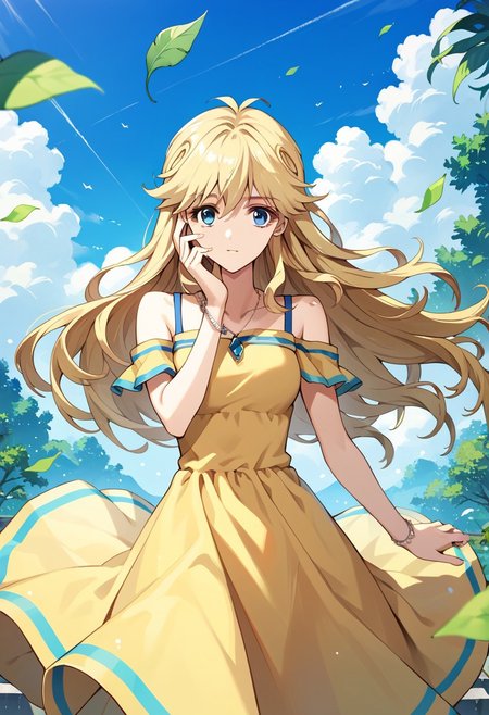 score_9_up, score_8_up, score_7_up, source_anime, LEAO EVERLASTING (2020), 
1girl, solo, long hair, blue eyes, blonde hair, dress, bare shoulders, jewelry, sky, day, necklace, wind, hand on own face, pendant, yellow dress