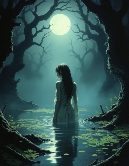 drkfnts style, A beautiful elf with delicate features and minimal, tattered clothing is bathing in a dark, misty lake. Her long, wet hair clings to her back as she emerges from the water, surrounded by eerie, glowing mist flora. The dim full moon moonlight filters through twisted, ancient trees, casting an otherworldly glow on the scene. The atmosphere is mysterious and haunting, with dark shadows and a sense of foreboding lurking in the background, film grain  <lora:sxz-Dark-Fantasy-v2-Flux:1.2>