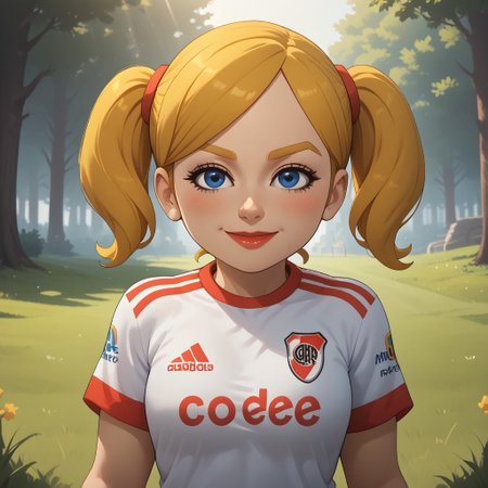 score_9, score_8, BREAK, solo, wii, mii, wii sports, 1girl, female mii, blue eyes, blush, blonde hair, blonde eyebrows, twintails, RiverPlate, striped shirt, striped, shirt, white shirt, short sleeves, clothes writing, sportswear, soccer uniform, white pants, sneakers, nintendo mii, modern_mii, classic_mii, pavika_\(\\oc_mii\\\), breasts, lips, sexy pose, self portrait, smile, outdoors, sunlight, shadows, evening lighting, natural lighting, forest, trees, grass, orange sky, sunset