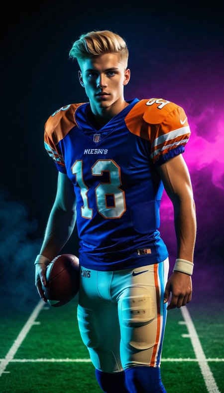 full body photograph, young male football player, dynamic pose, dynamic background, neon colors, immersive, dynamic lighting, (detailed face, detailed eyes:1.1), styled medium blonde hair, (Chiaroscuro, Filmgrain, Cinematic LUT), <lora:sdxl_lightning_8step_lora:1>