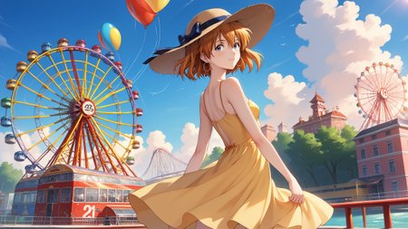 ((masterpiece)), (top quality), (best quality), (official art, beautiful and aesthetic:1.2), extreme detailed,colorful,
score_9, score_8_up, score_7_up,
source_animate,
zPDXL3, uncensored,
((solo)), (1girl),
<lora:amusement_park:0.5>,
outdoors, amusement park,
balloon, roller coaster, ferris wheel,
day, cloud, blue sky,
<lora:asuka_agedup_XL_0061_pony:0.9>, souryuu asuka langley,
rebuild_of_evangelion, agedup, blue eyes, blonde hair, small breasts,
((very short hair)), (bob hair cut),
sun hat, yellow dress, sundress, collarbone, bare shoulders, sandals, jewelry, earrings, (hoop earrings:1.5),
from behind, (looking back), happy,