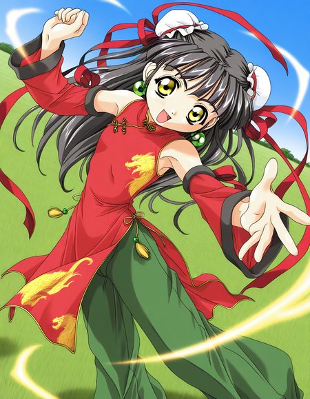 general,highres, ultra-detailed,very aesthetic,best quality ,best hands,  BREAK <lora:Kounyan_Spiral_NAMI_IS:1>Kounyan, black hair, long hair, double bun, hair bun, bun cover, yellow eyes, ribbon, earrings, flat chest, green jewelry, chibi,
1girl, solo, chinese clothes, china dress, red dress,  open mouth, long hair, smile, detached sleeves, green China pants, 
grass, blue sky, aura, aura effect,
