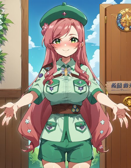 score_9, score_8_up, score_7_up, source_anime, <lora:hahari-hanazono-ponyxl-lora-nochekaiser:1>, hahari hanazono, long hair, bangs, green eyes, pink hair, flower, hair flower, large breasts,, <lora:girl-scout-uniform-ponyxl-lora-nochekaiser:1> girl scout uniform, badge, beret, breast pocket, girl scout, green hat, hat, short sleeves, shirt, green shirt, shoulder sash, medal, button badge, uniform, shorts, green shorts, short shorts, kneehighs,, smile, blush, looking at viewer, blue sky, clouds, entrance, doorway, <lora:incoming-gift-ponyxl-lora-nochekaiser:1>, incoming gift, outstretched arms, holding, holding box, box, cardboard box,, cowboy shot,