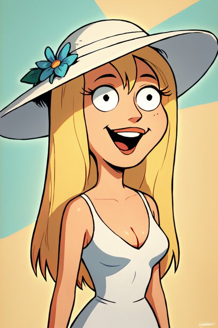score_9, score_8_up, score_7_up, source_cartoon,
JillianRussell, 1girl, blonde hair, long hair, 
solo, cleavage, white dress, summer hat, happy,
abstract background, masterpiece, best quality,
<lora:JillianRussell_PonyXL:0.7>