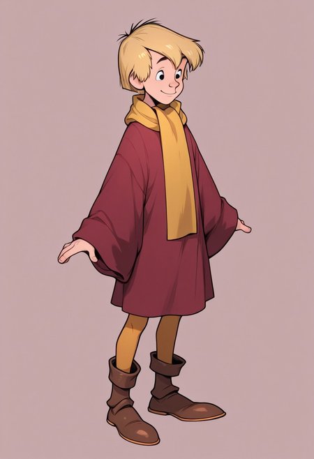 masterpiece, absurdres, high quality, perfect anatomy, 1boy, solo, cute boy, male focus, Arthur, Blonde Hair, Black Eyes, Red Robe, Yellow Scarf, Tan Leggings, Brown Footwear, simple background, smile,