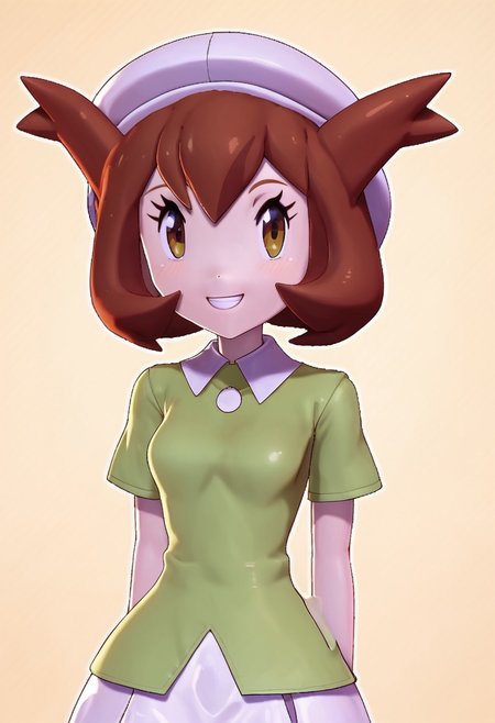 score_9, score_8_up, score_8, medium breasts, (curvy), cute, eyelashes,       BREAK, , zzBianca, brown hair, brown eyes, medium hair, hair between eyes, short sleeves, green shirt, collared shirt, white hat, skirt, white skirt, <lora:Bianca_PokemonHeroes_PDXL_v2:0.7>,, BREAK, smile, looking at viewer, cowboy shot, embedding:zPDXL, Expressiveh, <lora:Zy0n7_PDXL:1.0>,  <lora:SDXLFaeTastic2400:0.5>,  <lora:Expressive_H-000001:0.4>,