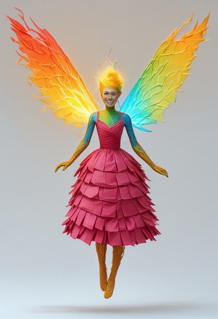 Fairy flying through a forest at sunset, reddish and yellowish colors, she dressed in a pink dress, made of filaments, her wings also made of white, green and fluorescent yellow filaments, all high definition, cinematic, truly real scene, 8k, expression of happiness, tranquility, very beautiful, very well-formed body, looking at the camera, blue eyes., electricity, glowing, portrait, colored skin, grey background, teeth, simple background, yellow eyes, skin made of electrical cables, clothing made from electrical cables, floating, indoors, wires, made of wires, cables, outlined with wires, wire sculpture, neon wire sculpture, gradient overlay, PonyXLV6_Scores