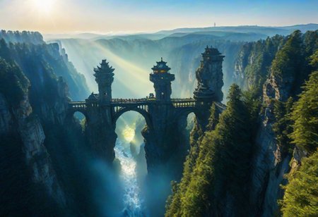 towers ringed in mist, sunrays, mixed media, surrealism, fantasy, great lighting, A surreal landscape highly detailed, extremely high-resolution details, appears trapped in an optical illusion of reflections and refractions colorful, Zhangjiajie mountains,  Vienna in contemporary Austria, stone bridges, winding rivers extending to the horizon, professional photography, natural lighting, volumetric lighting maximalist. vivid, vibrant colors, intricately detailed, complex, elegant, expansive, fantastical, film photography style, medium grain, cmnt
 (8k uhd:1,4)
 <lora:add-detail-xl:1>
 <lora:Dynamic Poses:1>