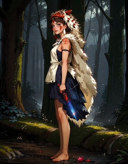 score_9, score_8_up, score_7_up, score_6_up, score_5_up, score_4_up,   san, 1girl, full body, standing, side view, solo, short hair, brown hair, gray eyes, headband, face paint, earrings, white sleeveless top, navy under dress, arm cuffs, fur headdress, fur cape, light-skinned female, female focus, looking at viewer, smiling, forest, (blush:1.1)