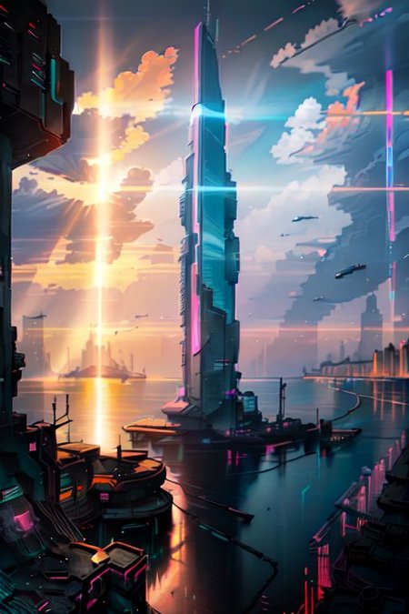 (Realistic:1.5) EdobSyFyCityLandscape, light rays, sunset, ocean, neon lights, lights, city lights, from behind, reflection, tower, silhouette, <lora:EdobSyFyCityLandscape_v1.0:0.8>