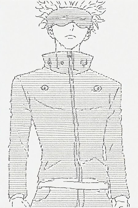 gojou satoru, white hair,  high collar, blindfold, covered eyes, jacket, pants, 1boy, solo, alone, <lora:Ascii_character_illustriousXL:0.9>, ascii_art_style, monochrome, greyscale, white background, simple background,  masterpiece, highres