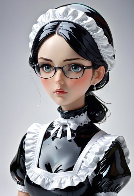 lazympos, murano_glass_style, girl, maid, close-up, confused, question mark, black hair, folded ponytail, glasses, gray eyes, small breasts, turtleneck, black dress, white apron, maid headdress