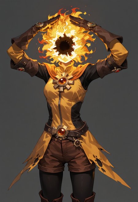 score_9, score_8_up, score_7_up, solo,
lord_of_frenzy, fire head,
novakin, faceless, no eyes, no mouth, no nose, no facial features, short fiery yellow orange hair, body made of black plasma,
open hands, hands on face front,
hands on own head, 
upside-down, backflip,
magical girl outfit, (steampunk dress:1.1), boots, (brown shorts:1.1), black tights, medium breasts, belt, gloves, 
simple background, grey background,