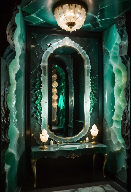 a burlesque dancer's dressing room within a crystal cavern; the cavern wall is a granite texture made from  obsidian, jade, and quartz or agate. (The room is illuminated by a pair frosted-jade sconces that flank a vanity mirror), beautiful dresses hang from a clothing rack next to an ornate armoire. the overall ambience combines a sense of intrigue with opulence.