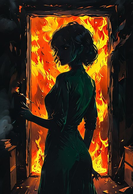 <lora:flame silhouette:1>,  <lora:flame:1>, flame,
burning office green door,
graphic style of novel comics, perfect hands, 2d,
8k, hyperrealism, masterpiece, high resolution, best quality, ultra-detailed, super realistic, Hyperrealistic art, high-quality, ultra high res, highest detailed, lot of details, Extremely high-resolution details, incredibly lifelike, colourful, soft cinematic light,