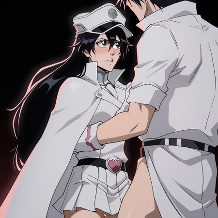 sex,<lora:Bambietta_Basterbine_Bleach:1>simple black background,
bambietta_basterbine, 1girl, black hair, long hair, hair between eyes,
white peaked cap, white gloves, white jacket, white skirt, black belt, heart belt buckle, pink clothing accents, white cloak
from front, looking away