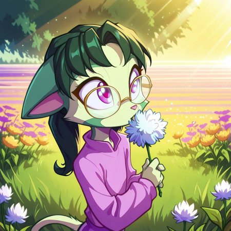 Dreamkeepers,1girl,prelude_lilith,solo,furry,tail,green hair, source_furry,glasses,magenta eyes,masterpiece, 
kid, child, 
outdoors, dandelion, blowing, long_hair, soft_smile, bright_sky, gentle_breeze, field_of_flowers, warm_sunlight, peaceful, soft_focus, relaxed_pose, nature, detailed_background