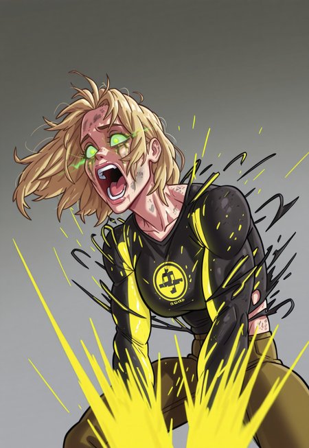 d4rgod3n, 
1girl, simple background, grey background, blonde hair, green eyes, gasping, exploding clothes, partially covered skin, screaming, shooting yellow lasers from eyes, glowing eyes, exhausted female, burns on clothing and skin, 
blurry background, detailed foreground, dynamic posing,  