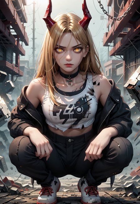 A highly detailed, masterpiece-quality portrait of a stylized female character (solo) with long blonde hair, red horns, and yellow eyes with cross-shaped pupils, crouching in an industrial, post-apocalyptic setting. She wears a white tank top, black pants, a partially removed black jacket, and white sneakers. A black choker with a chain is around her neck, and she has a confident, intense gaze directed at the viewer. Her midriff is exposed, highlighting her athletic physique. The environment is gritty, featuring metallic debris, rusted structures, and dim lighting casting dramatic shadows. In the background, slightly out of focus, are several individuals, some with heads down, engaged in a conversation or observing the scene. One person, positioned slightly above the center, adds depth to the image. The mood is both dynamic and eerie, blending realism with a stylized, anime-inspired aesthetic.