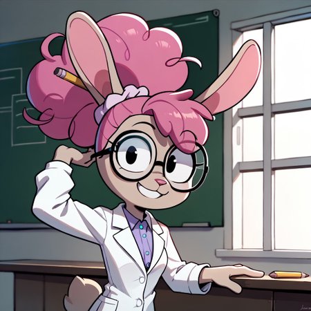 score_9, score_8_up, score_7_up BREAK DrAnnabelle, 1girl, anthro bunny, light brown fur, pink nose, pink curly hair, ponytail, pencil stuck in hair, light purple scrunchie, black eyes, glasses, white lab coat, light purple undershirt, cowboy shot, smiling at viewer,