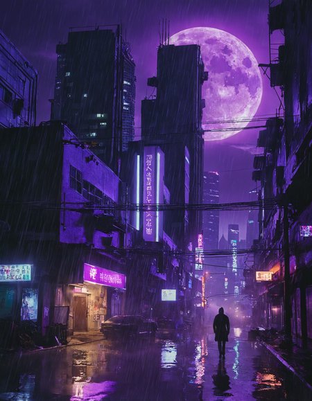 <lora:r0k00g00th:1>,r0k00g00th,r0kur3&l1tyHD. cyberpunk art,, a city with a lot of buildings and a full moon in the background with a purple light on the building [2], prompt . ,weather, (extreme weather, Flooding:1.5) (excessive rain causing water overflow),