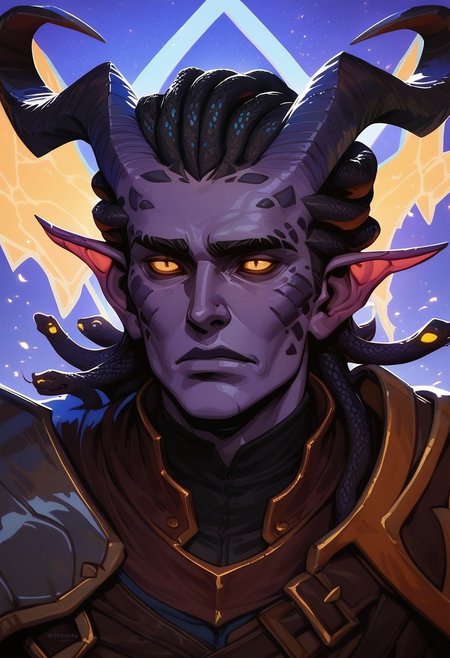 score_9, score_8_up, score_8, score_7_up, score_7, score_6_up, score_6, score_5_up, bulky tiefling, (black tipped horns:1.2), (snake hair, black snake hair), purple skin,  runes, shoulder armor, spikes, wizard robes, black clothing, claws, masculine face, wide jawline, emotionless expression, yellow eyes, vox machine style, 1boy, male focus, solo, close up portrait , fantasy, night background, (dynamic lighting:1.1)
((masterpiece))
