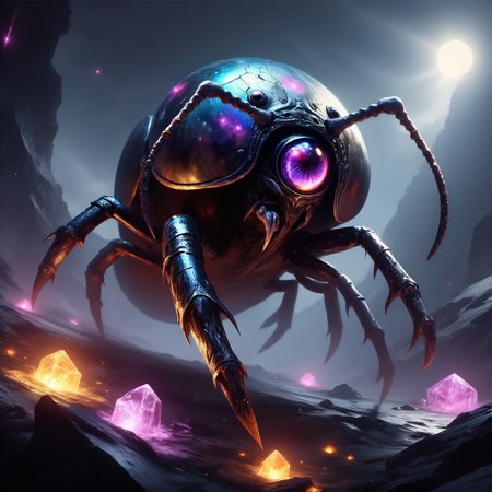 exceptionally creative and highly detailed digital painting in the style of the old masters, highly artistic and aesthetic, intricate, award-winning macro photo, (short depth of field:1.2), (fractal art:0.9), the (diminutive:1.4) "excessively hostile jogghobbler" is a (transcendent:1.1) and (cryptic:1.1) (biomorphic abomination:1.1) roaming the recoddermented crystalline lands of its homeworld "janet ix", its glistening aesthetic exoskeleton shimmering with iridescent colors under a avessational dramatic sky, (dappled sunlight:1.2), masterwork, atmospheric lighting, epic and dramatic composition, mystical and fantastical, scenic, quaint, <lora:style-eldritch_digital_painting-flux-by_eldritchadam:0.9> <lora:image_enhancer-flux-by_dever:1.0>