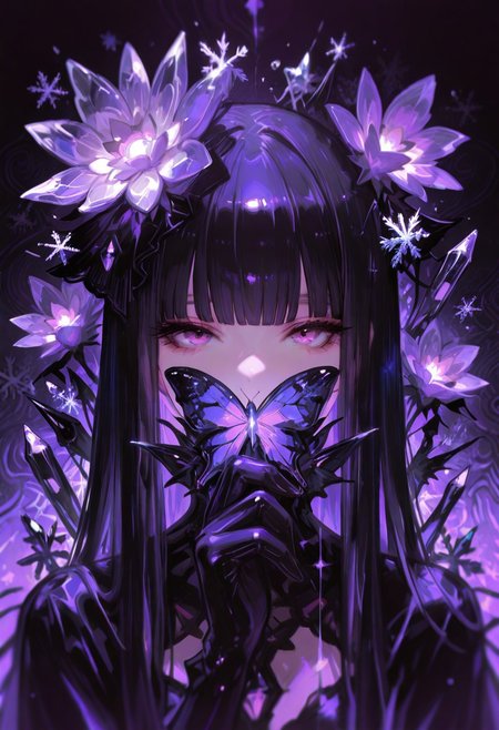 (Theme: Draconic Crystals). masterpiece, newest,absurdres,incredibly absurdres,1girl, solo, bug, butterfly, bangs, black hair, looking at viewer, long hair, blunt bangs, covered mouth, purple eyes, purple theme, eyelashes, flower, pink eyes, snowflakes, 
dark_theme,abstract background, 
depth of field,white sphere on the background