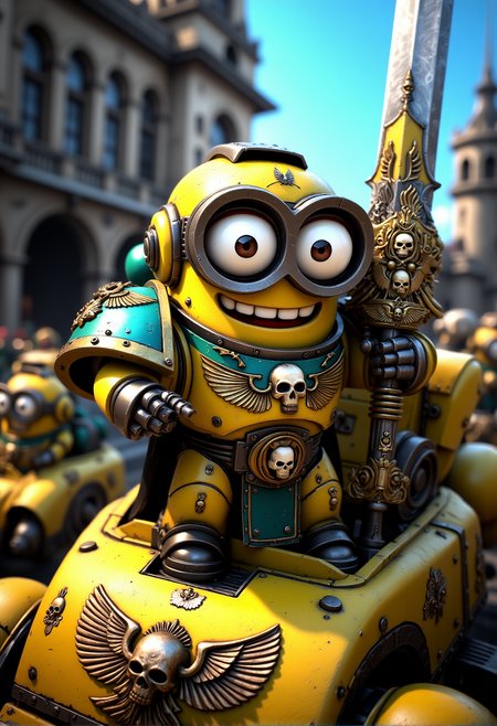 space marine. A Minion with oversized goggles dressed in power armor in the style of the Ultramarines, with added banana motifs and golden details. The Minion is without a helmet (no helmet:2.0), showcasing their iconic Minion goggles, expressive eyes, and wide smile. The Minion is wielding a massive chainsword, decorated with banana symbols and gold accents. The Minion is depicted in a scene such as: standing atop a yellow Rhino tank, pointing towards the enemy, other Minions driving similar vehicles in the background. The Minion's expression is joyfully fearless, showing teeth in a wide grin. The scene should be depicted in a colorful but gritty Warhammer 40k style, with bright yellows and blues to emphasize the Minionsâ classic color scheme. The armor and weapons are detailed with ornate designs, but humor is maintained through Minion-themed accessories and comical touches. Witty details include: a bolt gun covered in stickers of smiley faces and bright cartoon bananas. Background elements should resemble classic Warhammer 40k settings but with a humorous Minion twist, such as: a fortress of the Imperium subtly decorated with banana insignia and bright colors. , <lora:sm2.safetensors:1.0:1.0>