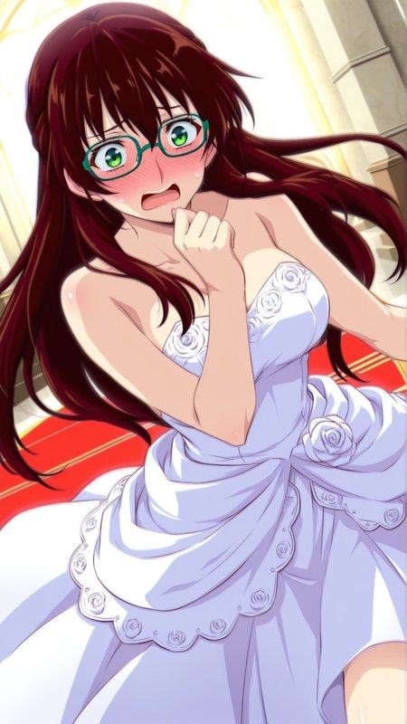 source_anime, genral, best quality, masterpiece, 1girl,  <lora:Suzune_Saijo_ill_v1.0:1> suzune_saijo\(srw\),green eyes,brown hair, long hair , wedding dress,chapel, glasses, flustered, embarrassed,  dynamic pose, dutch angle, cowboy shot,