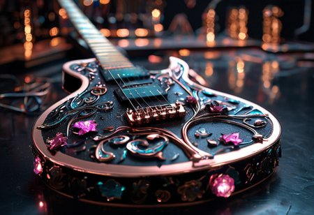 RAW photo of a very detailed reflective guitar with whimsical elements, completely dark studio, magical glowing podium, the rom is dark, only light of source is the guitar, cyan and pink neon, complimentary colors, reflective enviroment, spot lights, fantasy style, 90% black and 10% gold colors, big white diamonds on the guitar, strong depth of field, darkness, dramatic light, dusty black theme, intricate details, ultra sharp, exquisite detail, flawless composition, vivid colors, masterpiece, exciting background,  timeless elegant and Exquisite Copper Ornaments