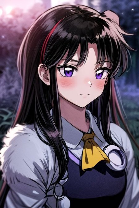 masterpiece,  best quality 1girl Setsun4 solo long hair,  (night time) forest background black hair very long hair purple eyes multicolored hair armor (fur trim) (medium body),<lora:EMS-179-EMS:0.800000>,<lora:EMS-293862-EMS:0.800000> bow, hair_bow, hair_tubes, red_bow, brown_hair, long_hair, bangs, ascot, frilled_bow, yellow_ascot, blush, smile, hair_between_eyes, athletic, armor, miko