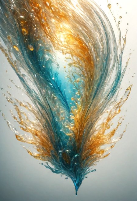 An abstract shape, amazingly fluid, made of glass, detailed, 3d fractals, light particles, water drops, shimmering light, surreal, ink, smooth, shimmering, glow, cinematice contrast, Glow, 
16k