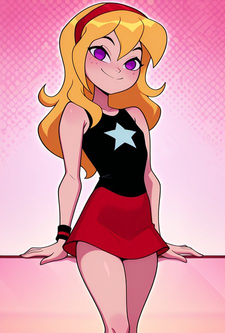 ((cartoon, screencap, )) <lora:lucysmall:1> lucysmall, solo, long hair, blonde hair, red hairband, black shirt, sleeveless, flat chest, star (symbol), purple eyes , tank top, wristband, miniskirt, red skirt, dynamic pose, looking at viewer, smile,, masterpiece, best quality, amazing quality, very aesthetic, absurdres, newest,