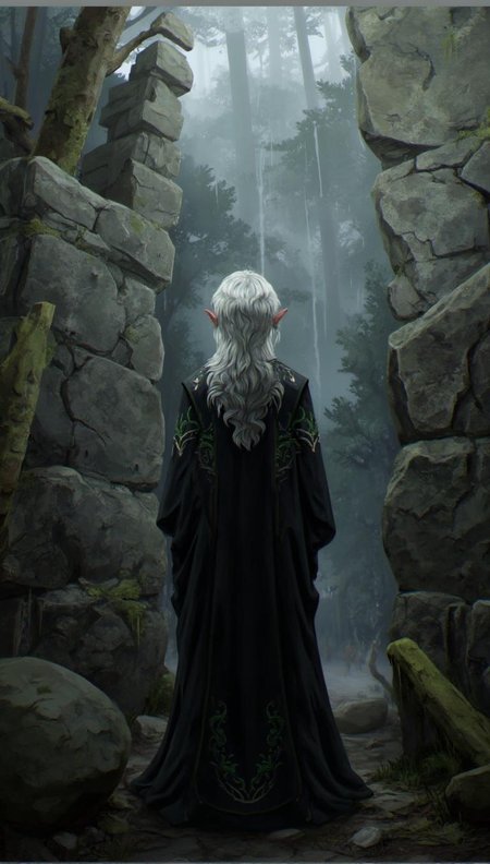 <lora:ck-LttleGhost-000011.safetensors:1> in the style of ck-lttlegh0stAn elderly figure stands before a weathered stone wall, their silver hair and dark embroidered robes a stark contrast to the misty forest surroundings. The atmosphere is heavy with an air of mystery, as ancient ruins tower in the background.