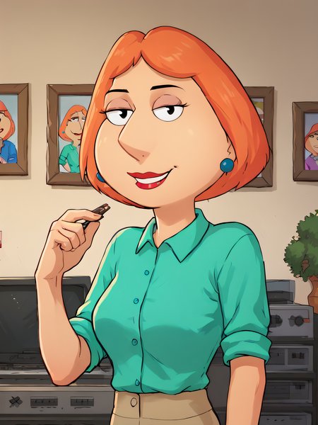 <lora:Loispony1.2:1> lois,1girl, blue earrings, jewelry, short hair, solo, lipstick, makeup, orange hair, aqua shirt, beige pants,looking at viewer, smile, indoors, upper body,  score_9, score_8_up, score_7_up, score_6_up, score_5_up, score_4_up