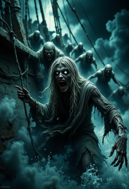 A zombie pirate crew climbing aboard a ghost ship, their glowing green eyes and tattered clothes billowing in the sea breeze.
  , aidmaHalloweenBoost, aidmafluxpro1.1, aidmaimageupgrader, aidmaHyperrealism