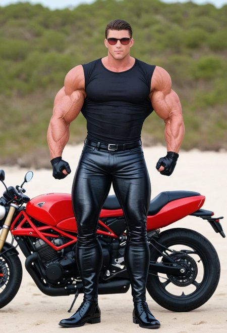 1man, black pants, gloves, pants, black leather gloves, tight black clothes, black opened leather blazer jacket, male focus, helmet, (black opened tuxedo leather blazer, tight black tuxedo shirt, standing, muscular male, muscular, huge biceps, bara, black leather gloves, black leather pants, black men leather shoes:1.8), black leather blazer jacket, tight black latex shirt, tight pants, standing up, flexing, taut black clothes, boots, large pectorals, large biceps, black opened leather blazer jacket, taut black latex shirt, black footwear, (sleek red Red Hood motorcycle helmet with solid white eye lenses, completely covers mouth:1.7), tropical beach<lora:KoraPhotography_PonyXL-000016:0.8>