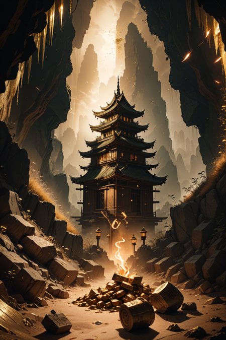 <lora:Calligraphy-ink-style-darquelilly-v1:0.7> calligraphyinkstyle, volumetric lighting, mysterious magical atmosphere, masterpiece, award winning picture, an eastern golden dragon, its skin is made of gold, dandruff made of melded gold, its hiding a treasure of gold in a cave surrounded by melted gold,  <lora:dAIversity-LoRAtest-Photoreal-SD15-01:0.8>