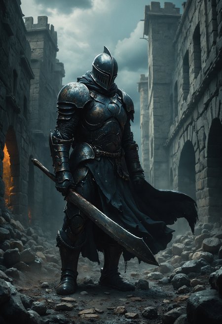 Dark Soul Atmosphere, The warrior fighting in the castle courtyard amid ruins, his armor dirty with soot, with the stormy sky in the background. Lights reflect discreetly on the armor. The setting is shrouded in a sinister atmosphere, with deep shadows. dark and dramatic atmosphere