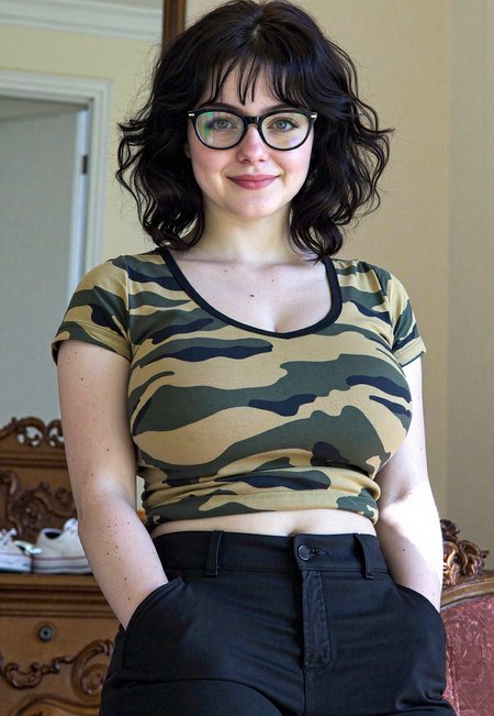fine art photography, voluminous dark hair, cinematic portrait, young woman, 18yo, innocent, nerdy black glasses, hourglass figure, narrow waist, full hips, blue eyes, soft natural lighting, analog film grain, saturated color tones, street-art, fitted camouflage shirt, fitted black pants, white sneakers, cheerful aesthetic, candid shot, candid expression, shallow depth of field, retro ambiance, pale skin tone, indoor setting, 90s, artistic composition, timeless style, vibrant atmosphere, soft focus edges, wide shot,  <lora:The_Body_Version_E:0.9> <lora:Ariel:1.0>