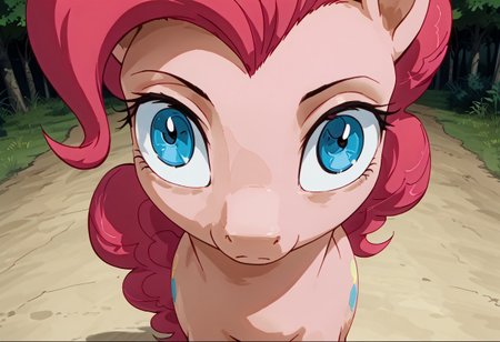 score_9, score_8_up, score_7_up, anime screencap, BREAK, my little pony Pinkie Pie, a pink earth pony with blue eyes, source_feral, outdoors, daylight, insanity-angle, expressionless face, source_anime, retro anime style,
