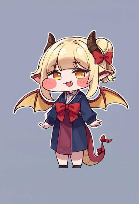 score_9,score_8_up,score_7_up,source_anime,zPDXL3,
*//*,<lora:Trickal_Revive-Pony:1>,1girl, tail, dragon tail, dragon wings, solo, wings, blonde hair, yellow eyes, chibi, animal ears, dragon horns, dragon girl, full body, smile, hair bun, open mouth, horns, bow, blush stickers, jewelry, long sleeves, hair bow, single hair bun, red bow, looking at viewer,  :d